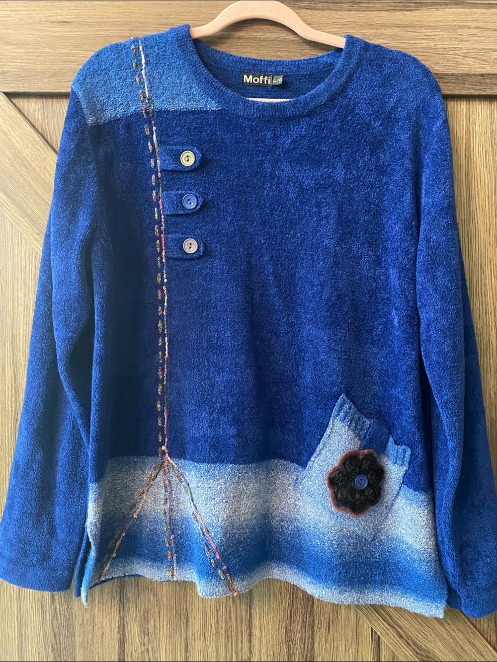 Moffi Blue Textured Ombre Knit Sweater with Rosette Pocket Large